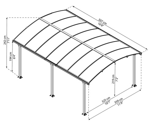 Palram enkele carport – Canopia Arcadia 5000 incl. regengoot 359 x 507 cm antraciet