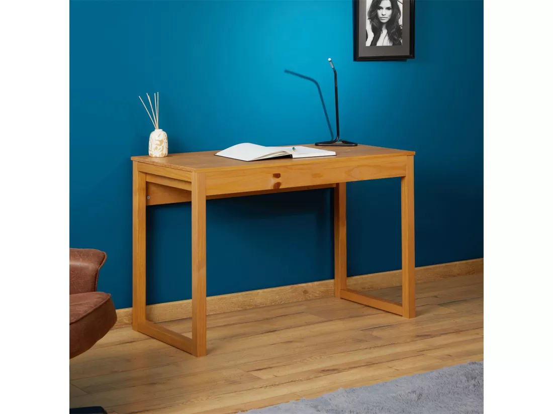 Bureau en bois avec 2 tiroirs NOAH, design scandinave, en pin massif coloris naturel