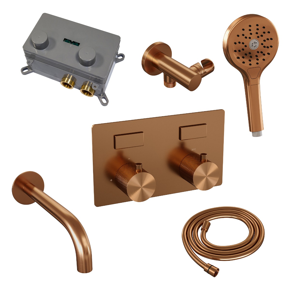 Brauer Copper Carving thermostatische inbouw badkraan met uitloop en 3 standen handdouche set 4 koper geborsteld PVD