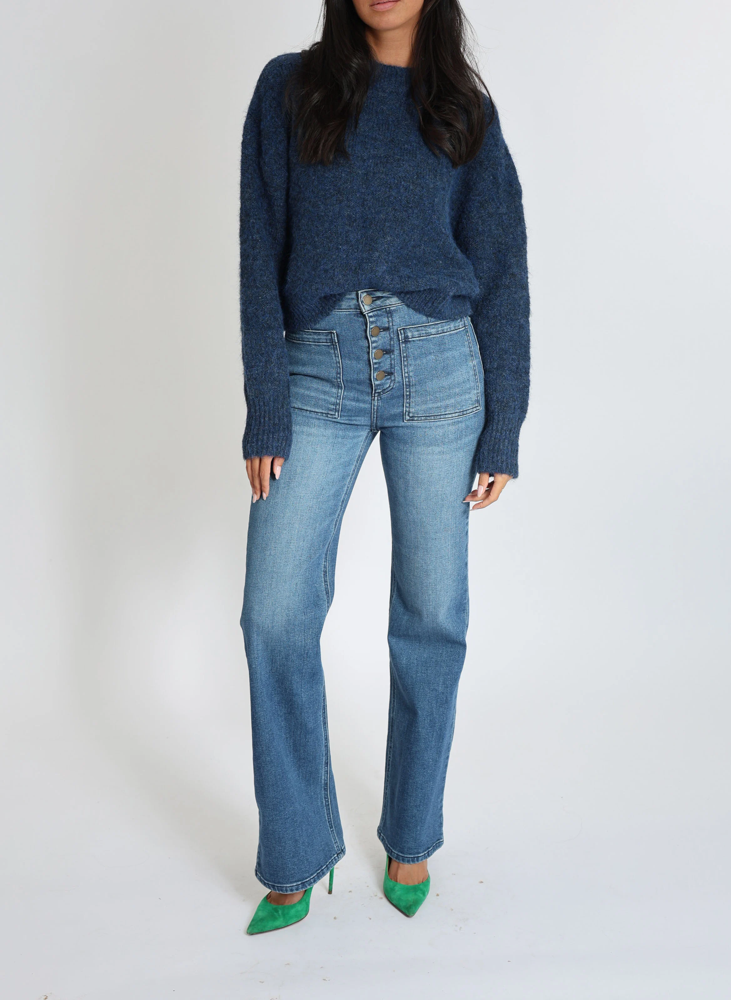 KYRA - Pull ample col rond en maille mélangée | Bleu