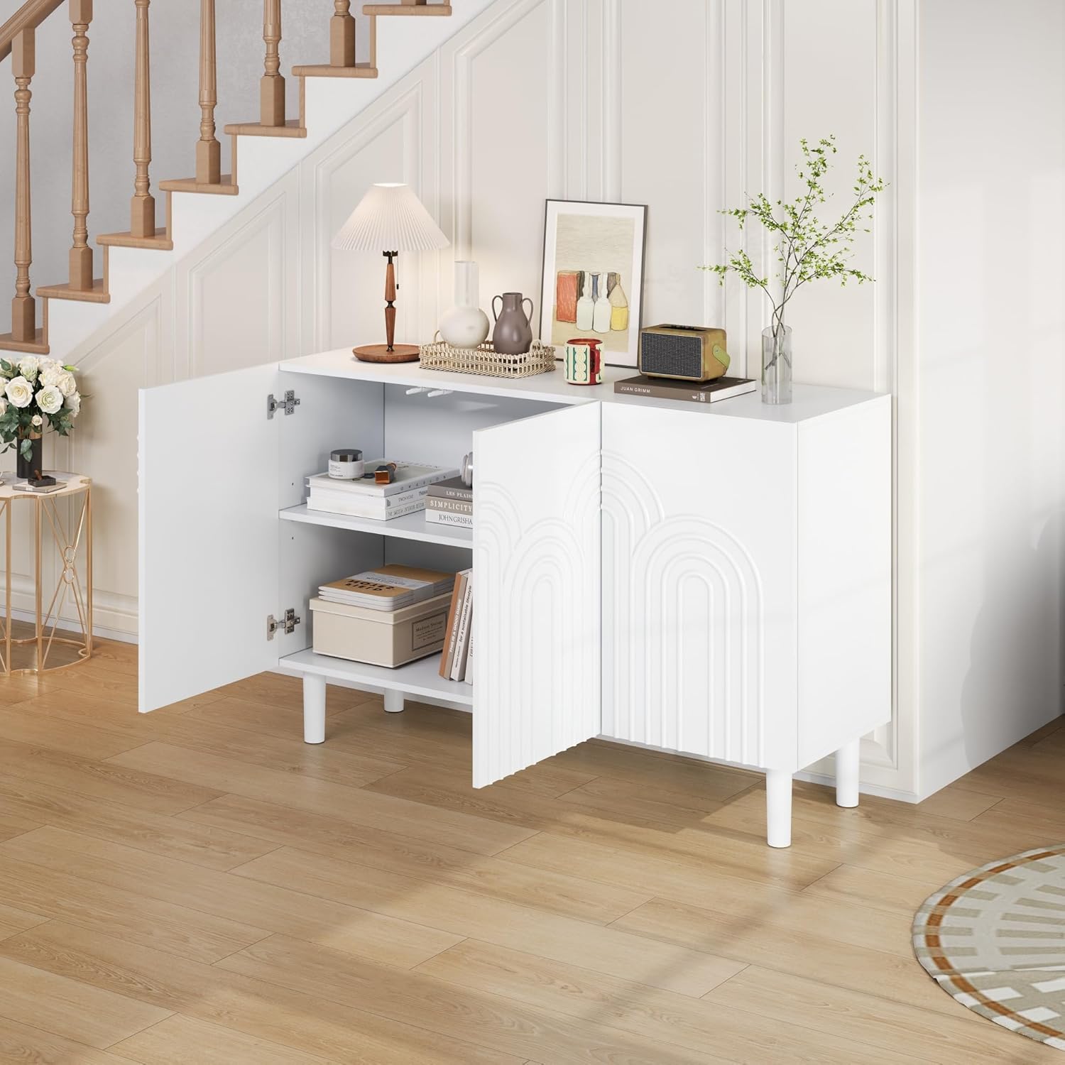 Sideboard Wohnzimmer mit 3 Türen, Buffetschrank mit Großem Stauraum und Verstellbarer Trennwandschrank, 120x38,5x79cm, Modern Wohnzimmerschrank für Schlafzimmer, Büros, Flur, Weiß