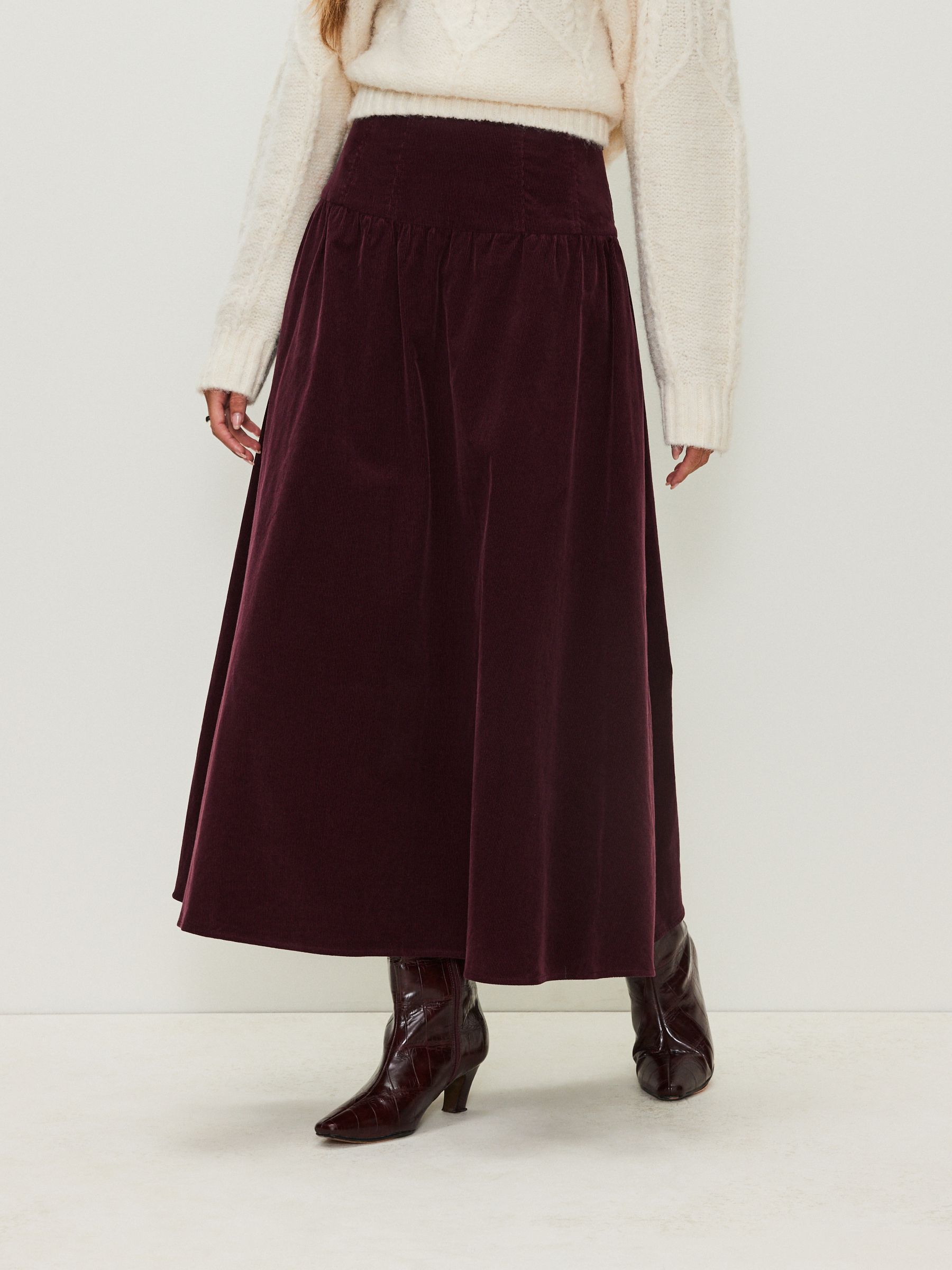 Bordeauxrood - Midi rok van corduroy met verlaagde taille