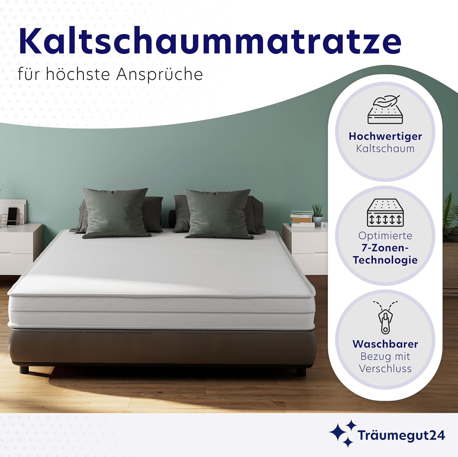 Träumegut24 AquaFlex 7-Zonen Matratze 160x200 cm | H2&H3 | Ergonomische Kaltschaummatratze | Hypoallergen & Antibakteriell | Bezug abnehmbar & waschbar | Oeko-TEX® | (16cm, 160 x 200 cm)
