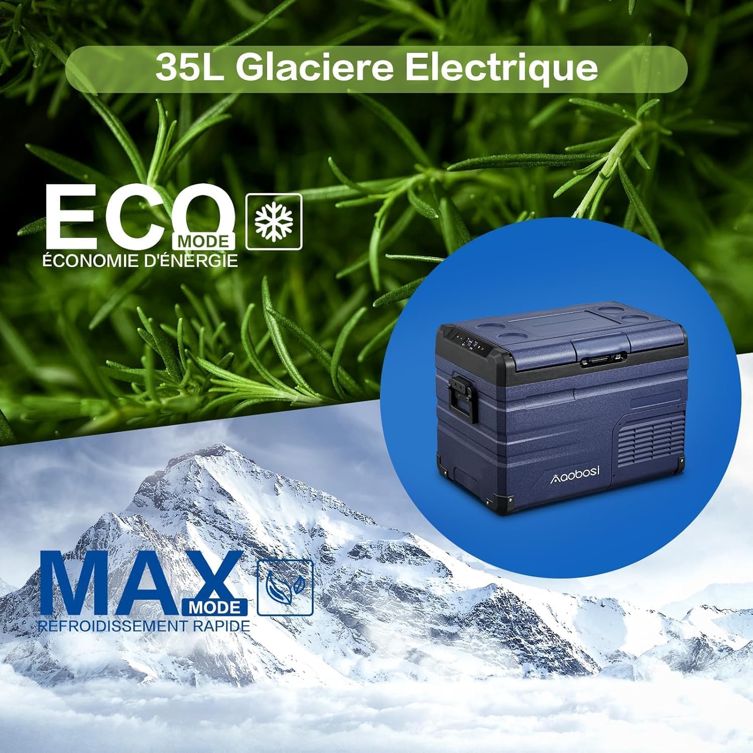AAOBOSI 46 L Glaciere a Compression, Glaciere Electrique Double Zone, 12 V/24 V et 100-240 V Frigo Camping, -20 ℃ à 20 ℃, pour Voiture, Camion, Bateau, Camping-Car