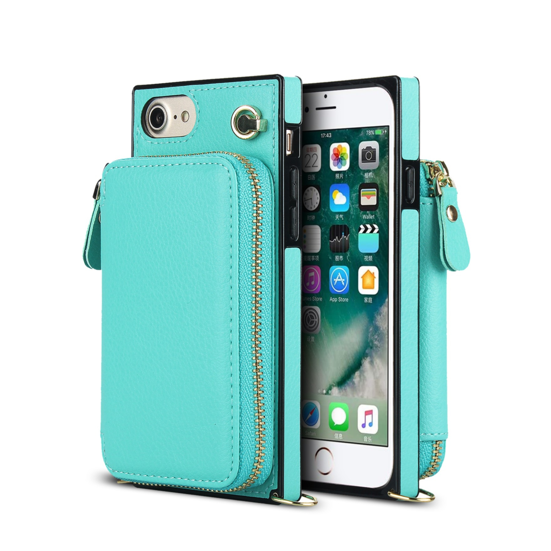 iPhone SE (2022/2020) / 8 / 7 / 6S Necklace Leder Schutz Hülle mit Kartenfächer   Handykette (140cm) - Türkis