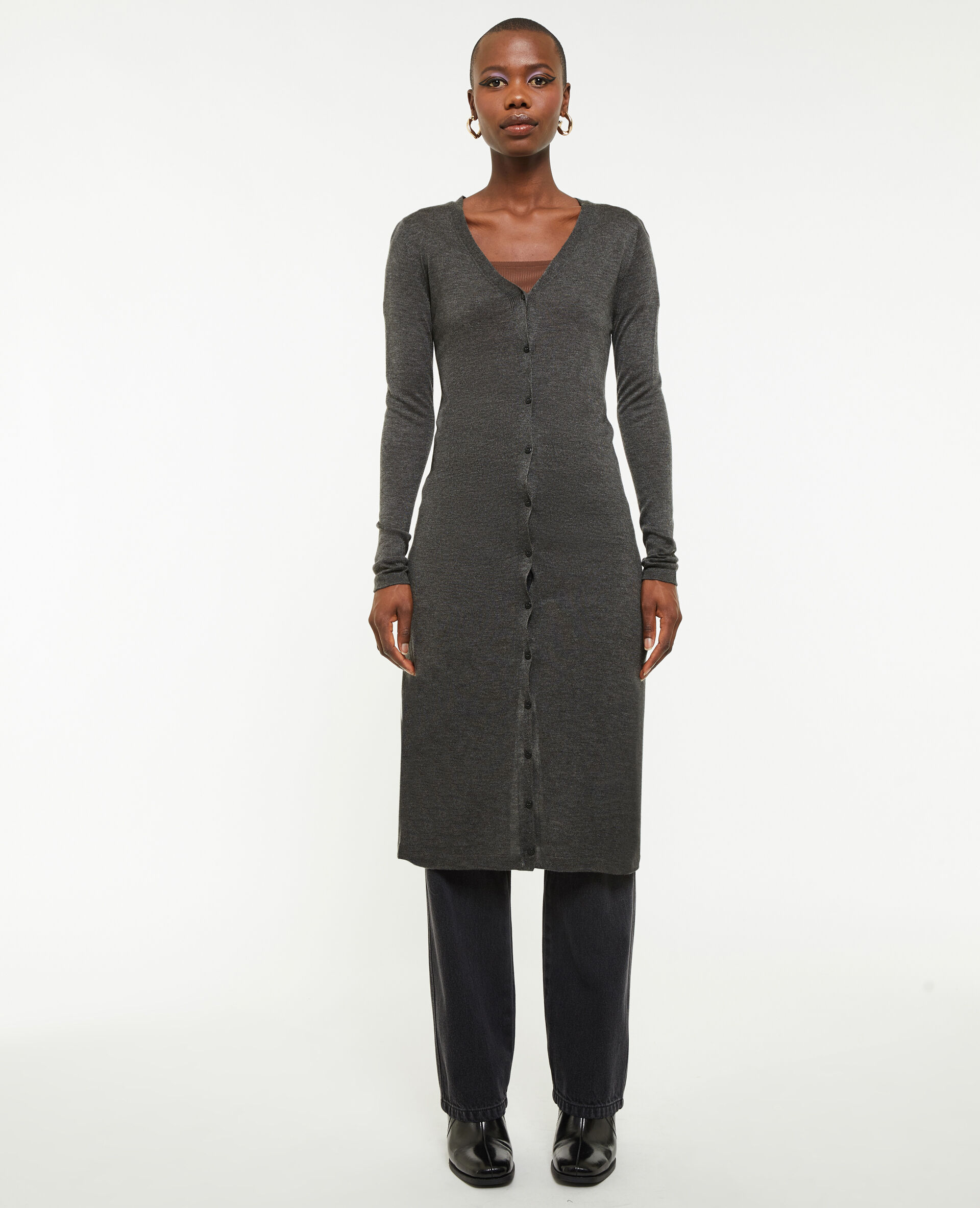 Robe longue boutonnée en maille - Gris foncé