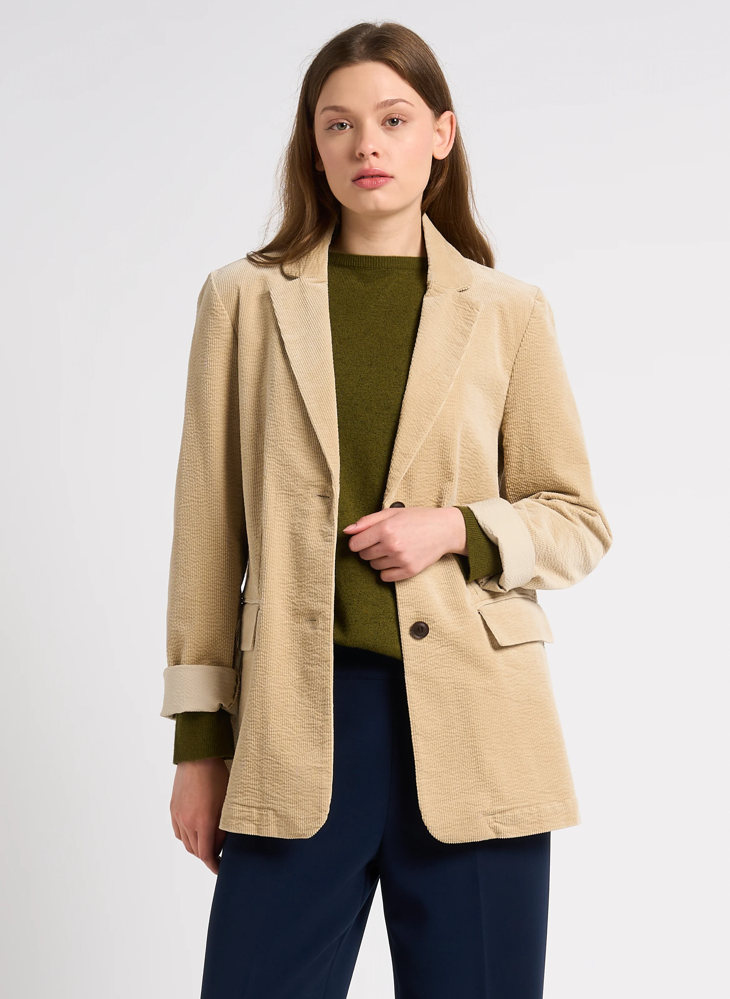 Blazer droit en coton velours| Beige