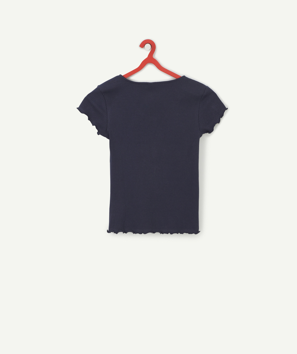 T-SHIRT FILLE EN COTON BIO BLEU MARINE CÔTELÉ ET PRESSIONNÉ