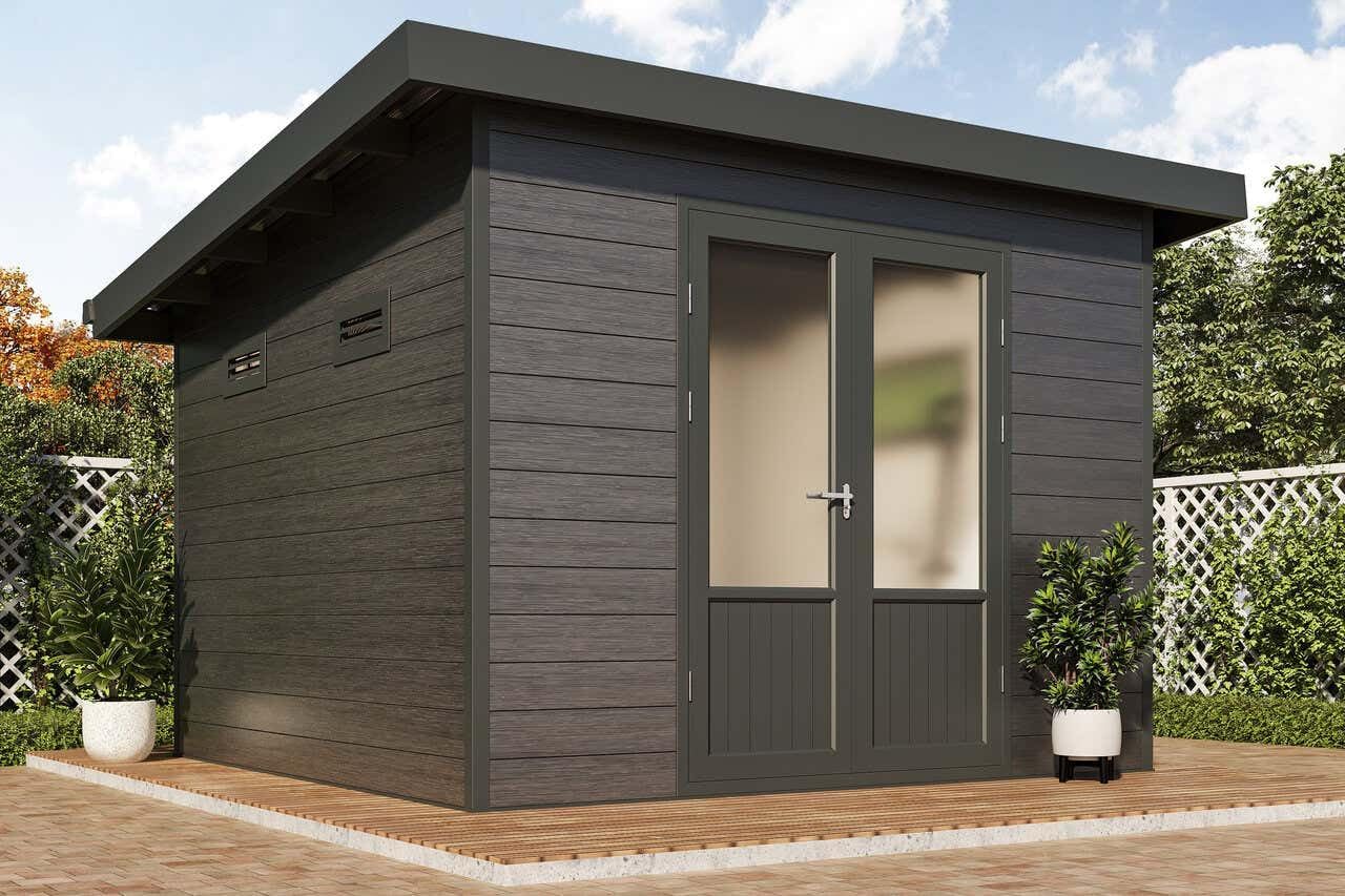 Finnhaus Wolff WPC Gerätehaus Terra 3030 28 Anthrazit/Hellgrau Gerätehaus aus Holz/Kunststoff in Anthrazitgrau, Geräteschrank mit 28 mm Wandstärke Gartenhaus