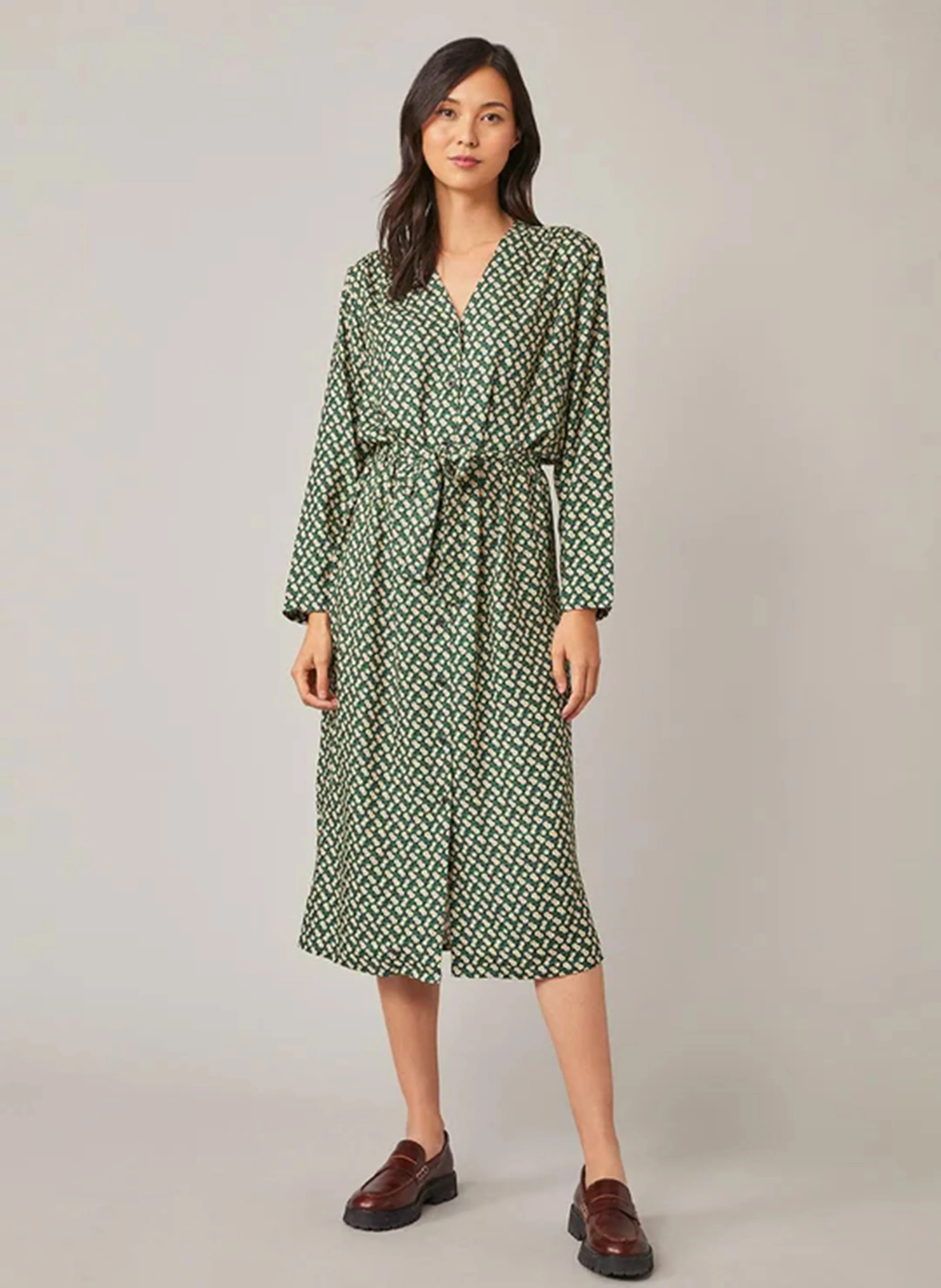 FLAURANNE - Robe longue droite col V à imprimé fleuri | Vert
