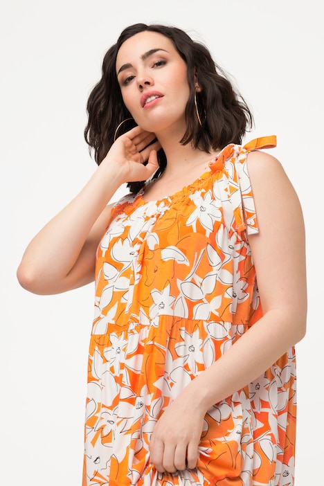 Midikleid, Blüten, Rundhals, Rüsche, Volants, ärmellos