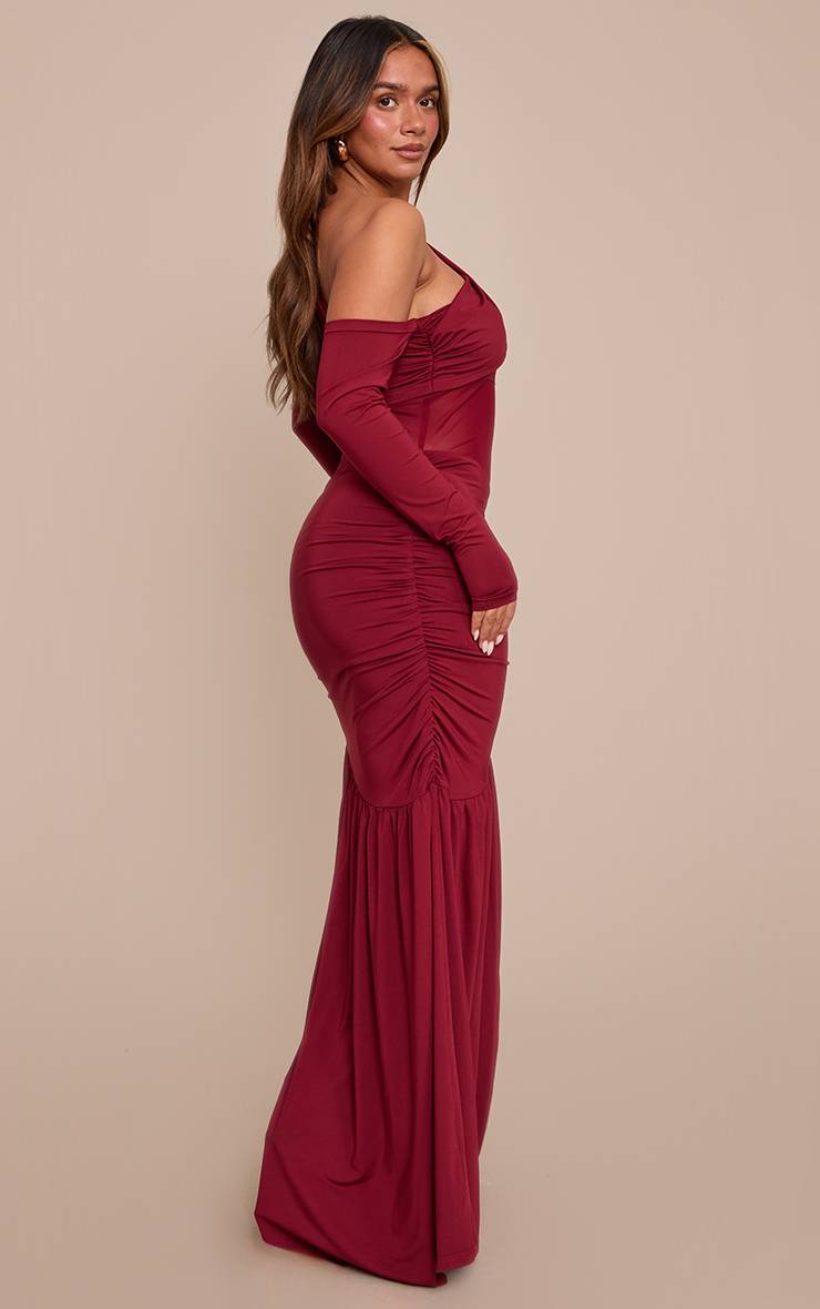 Rouge Bordeaux Robe Maxi Asymétrique Bardot À Détail Moulant En Résille