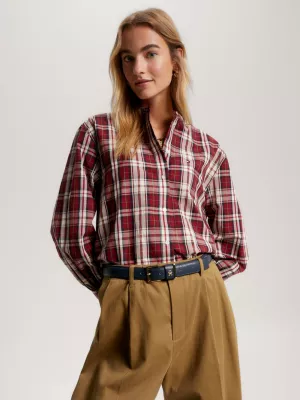 Camisa cropped sem gola com estampa xadrez tartan