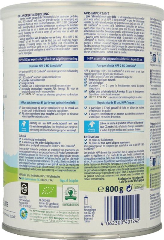 HiPP 2 Bio Combiotik Opvolgmelk - 800gr (vanaf de 6e maand)