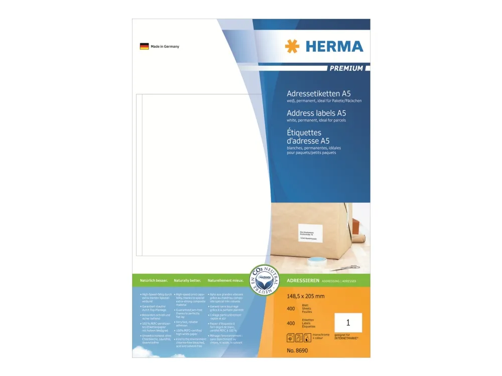 HERMA Premium - Papir - mat - permanent selvklæbende - hvid - 148.5 x 205 mm 400 etikette(r) laminerede adressemærkater