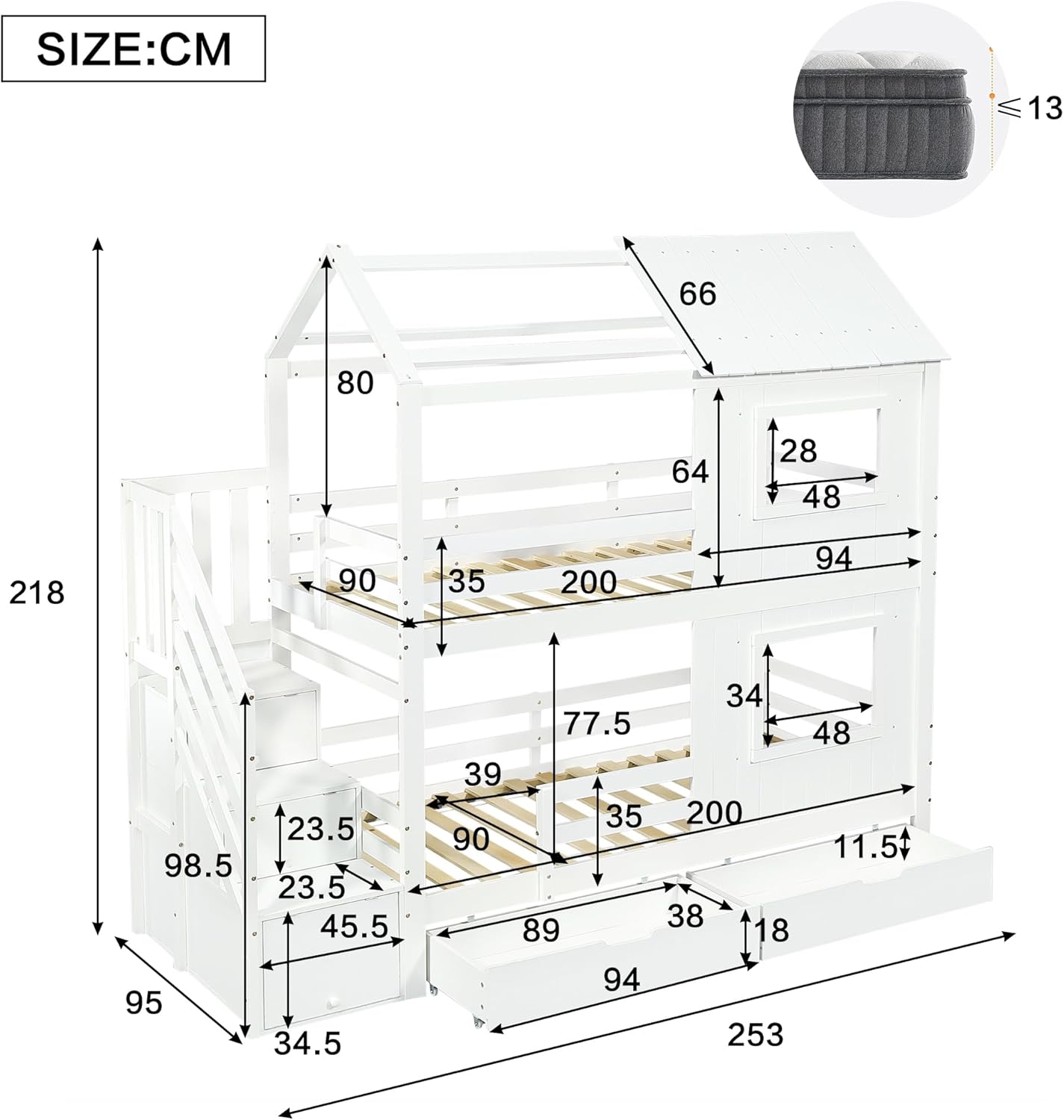 Kinderbett 90x200 cm für 2 Kinder, Etagenbett mit Stauraumtreppe, Hausbett mit Fenster und Dach, Stockbett mit 2 Schubladen, Holzbett mit Lattenrost, Weiß, ohne Matratze