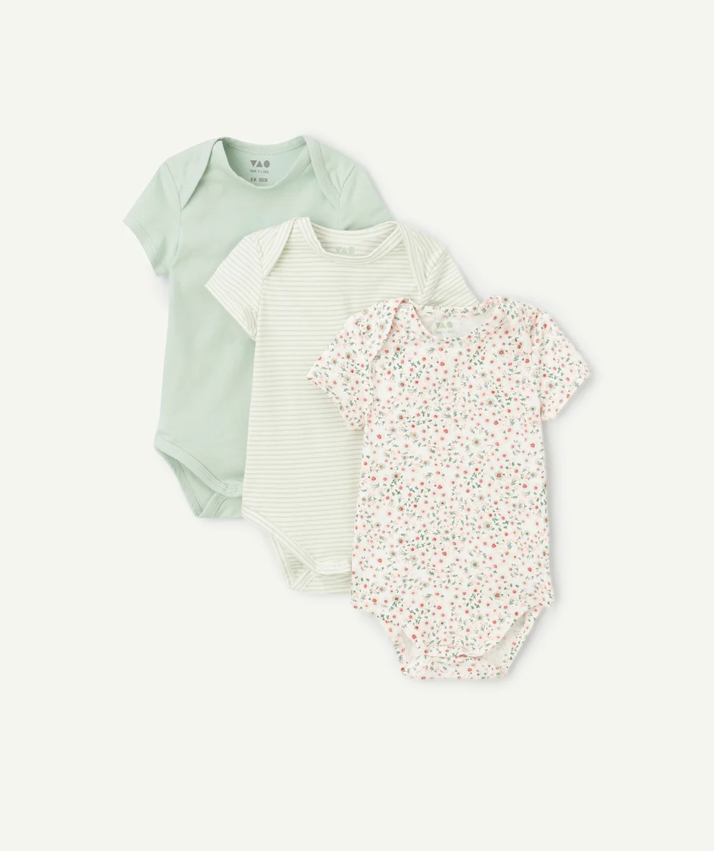 LOT DE 3 BODIES BÉBÉ EN COTON BIOLOGIQUE IMPRIMÉS RAYURES ET FLEURI