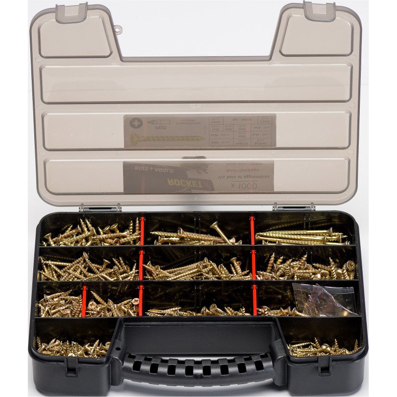 Vis à bois et aggloméré Rocket empreinte Pozi, acier bichromaté - Coffret de 1000 vis + 2 embouts PZ2
