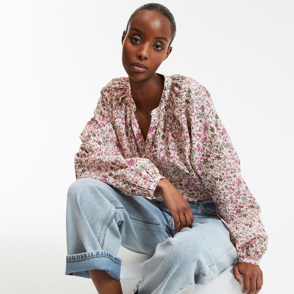COLEÇÃO LA REDOUTE<br>Blusa com decote redondo, estampa floral e mangas compridas