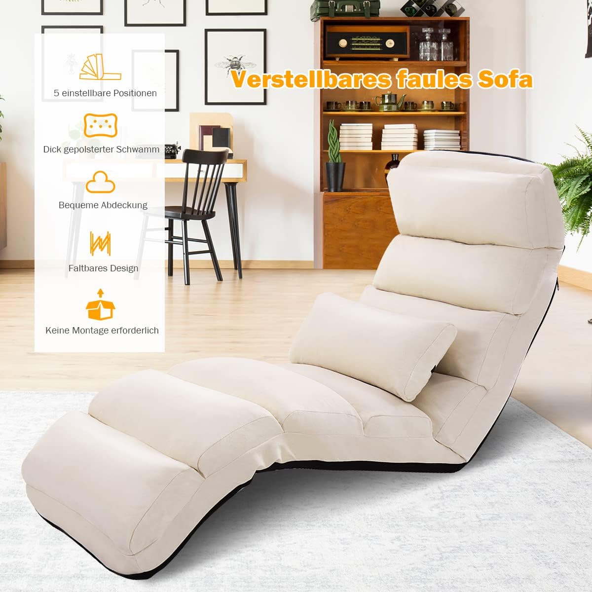 COSTWAY Relaxliege klappbar, Bodenstuhl mit Verstellbarer Rückenlehne, Bodenliege mit Schlaffunktion, Bodensofa, Bodensessel für Gaming, Schlafen, Lesen, Beige