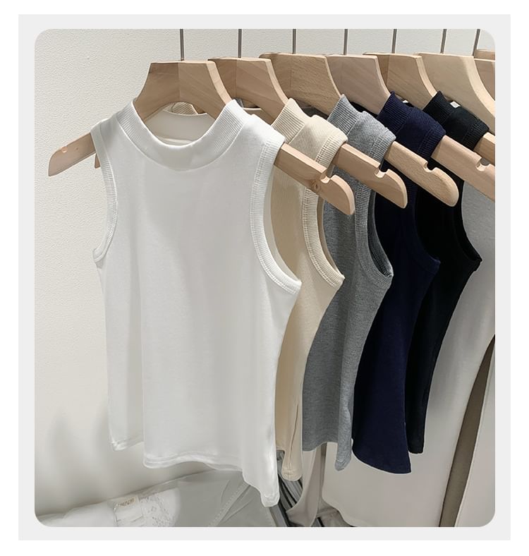 Yako - Mock Neck Plain Slim Fit Crop Tanktop