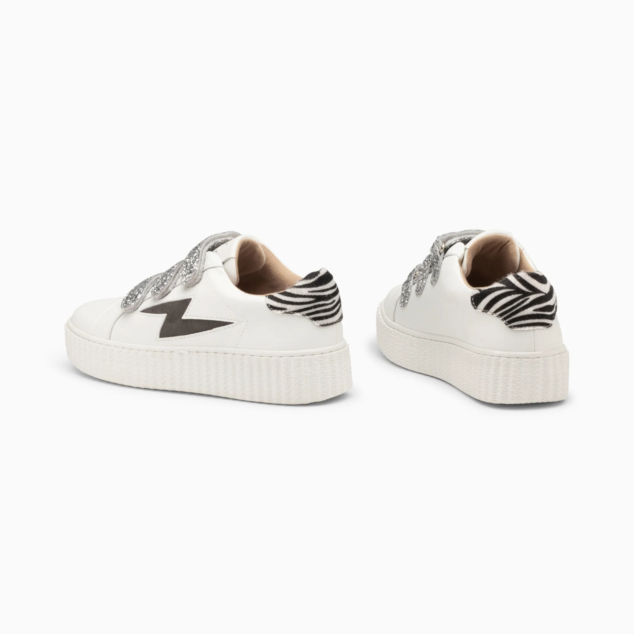 Sneakers-Baskets éclair Angela blanc et zèbre à scratchs argent