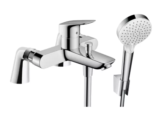 Pack mitigeur bain douche HANSGROHE Logis + douchette à main HANSGROHE Crometta avec colonnettes