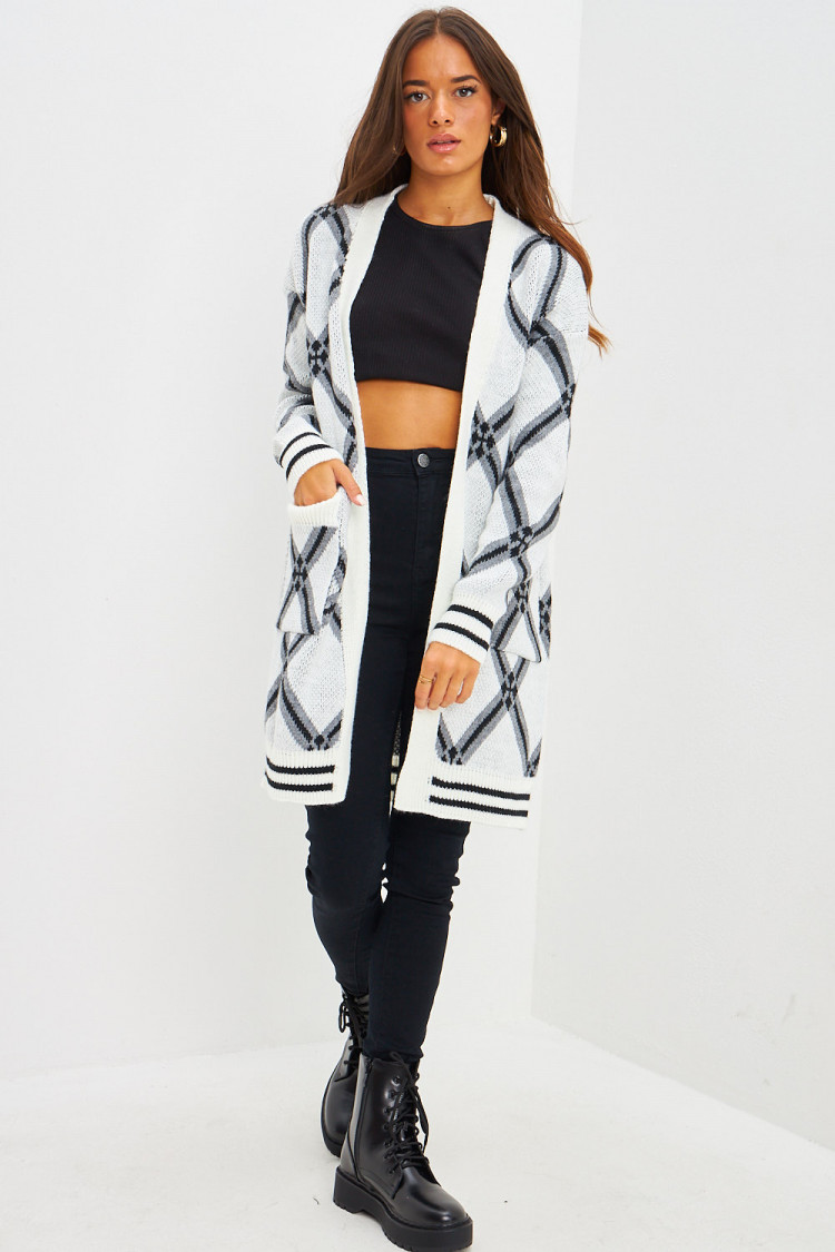 Gilet mi-long en mailles à motif losange blanc