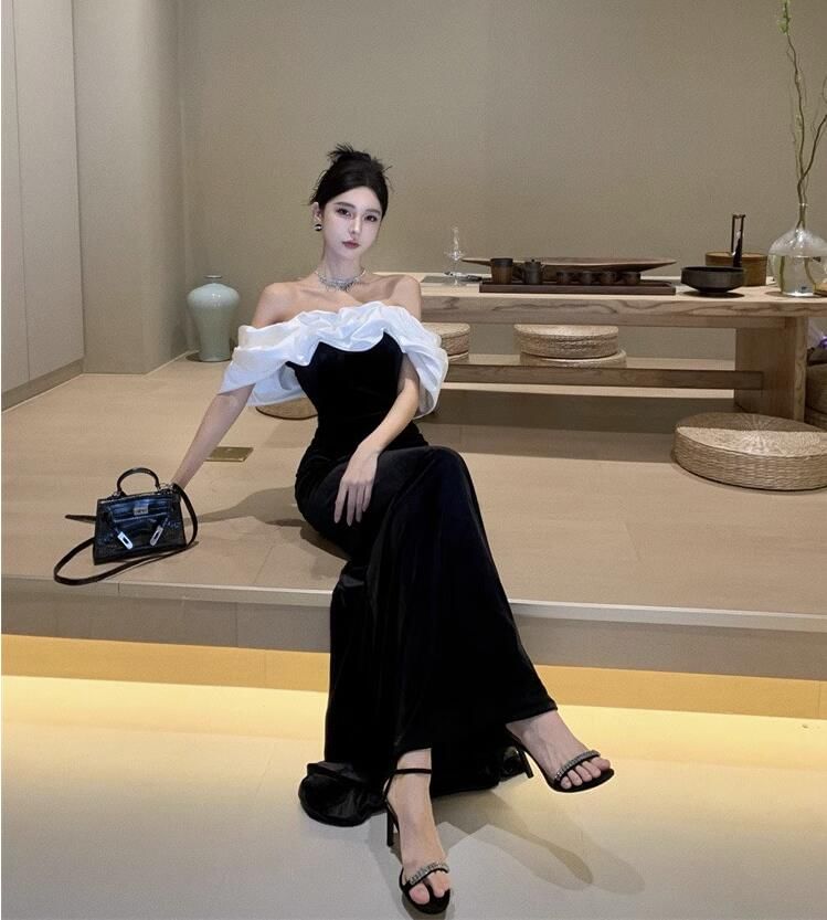 JIYON - Off-shoulder tweekleurige zeemeerminjurk met volantversiering en fluweel