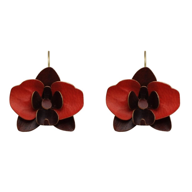 Boucles d'Oreilles Laiton Orchidée en Cuir