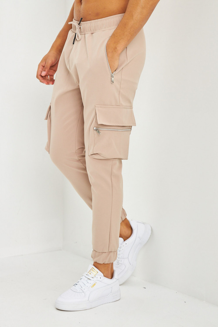 Jogging beige à poches cargo zippées
