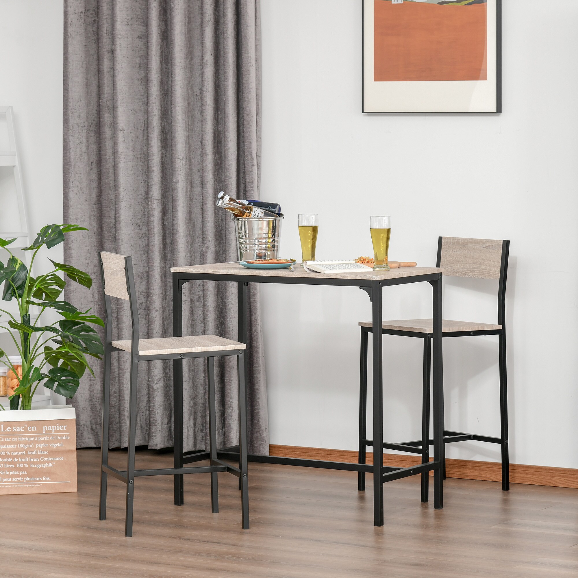 HOMCOM Bartisch mit 2 Stühlen natur, schwarz