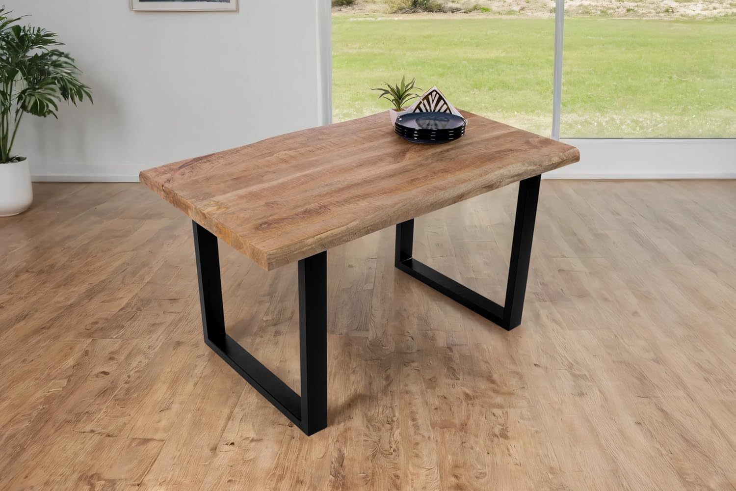 SAM Esstisch Cali | 160 x 85 cm | Mangoholz | Farbe: Natur/rau | U-Gestell Metall Schwarz | Massivholz mit echter Baumkante | pflegeleichter Baumkantentisch/Esszimmertisch