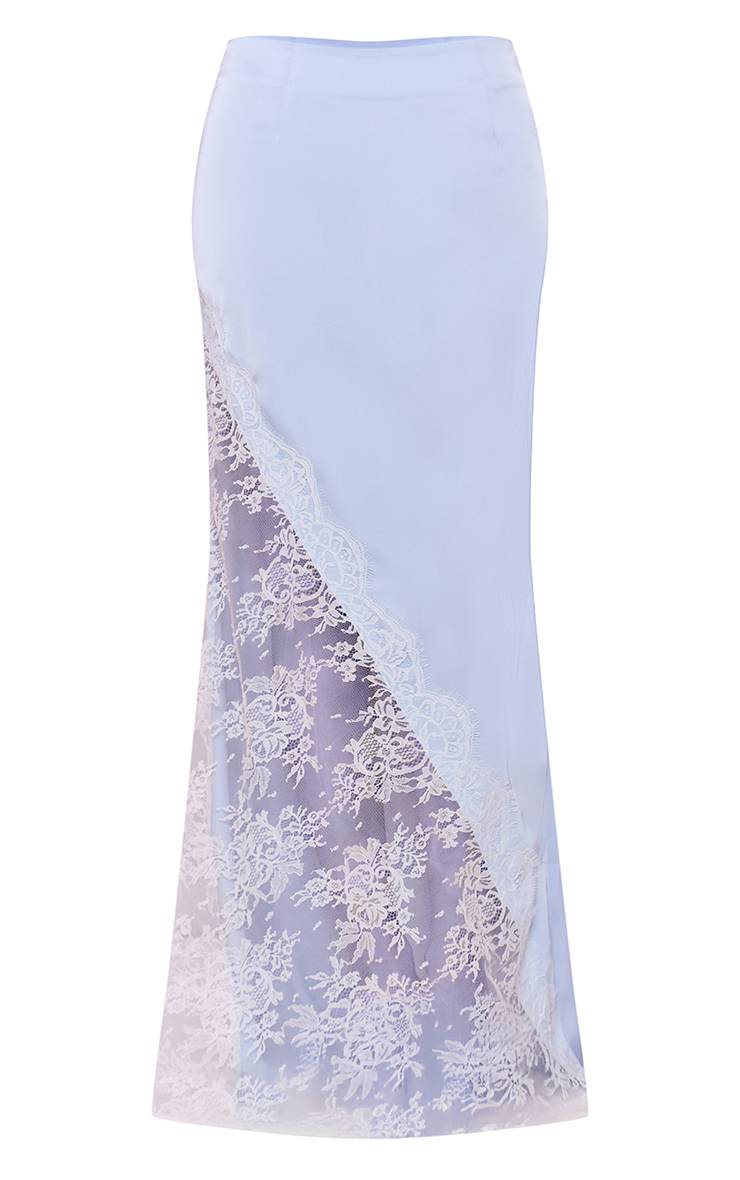 Bleu Pâle Jupe Longue Asymétrique En Satin Avec Bordure En Dentelle