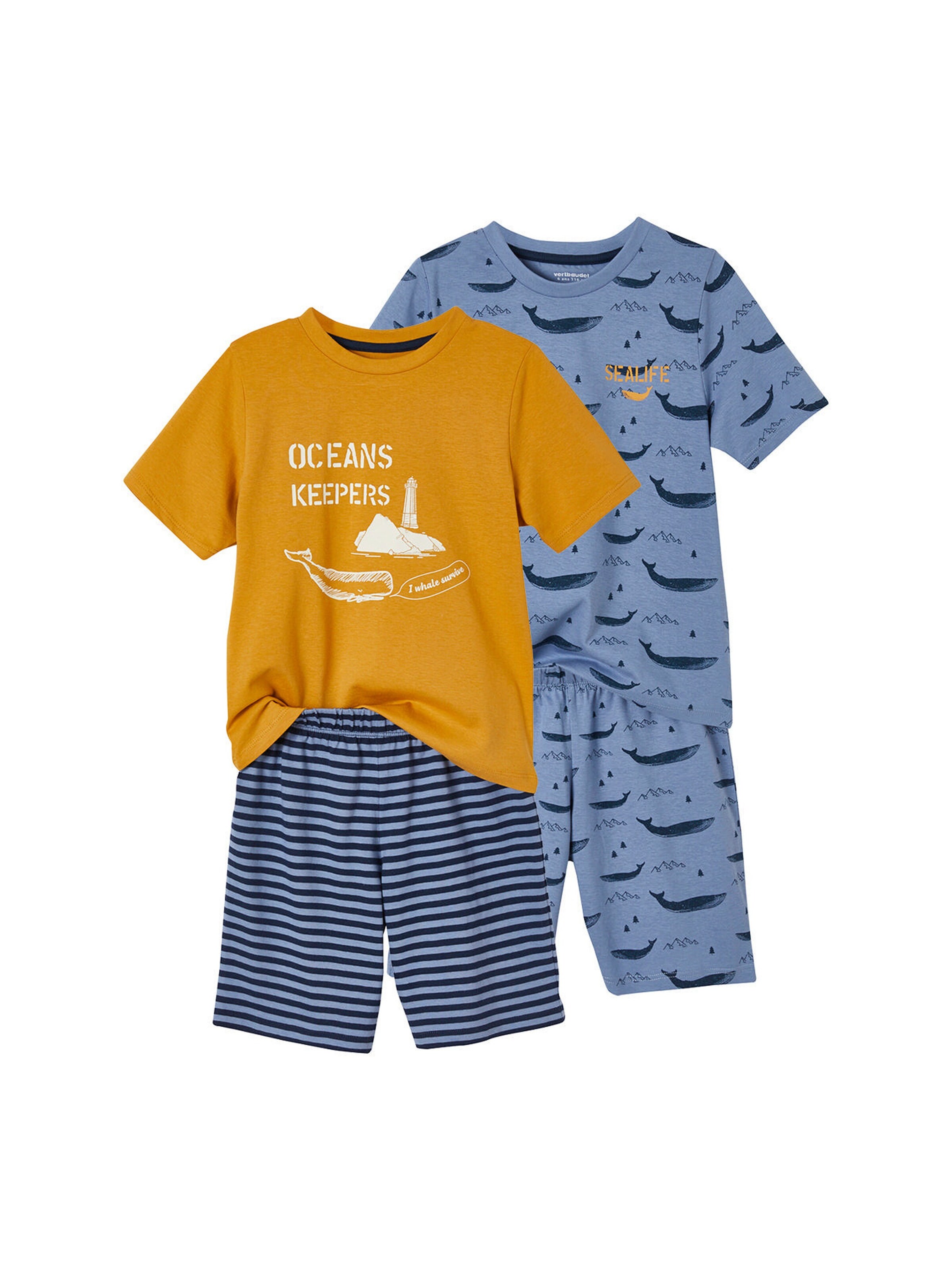 Vertbaudet 2er-Pack kurze Jungen Schlafanzüge, Wale BASIC blau+senfgelb/blau gestreift