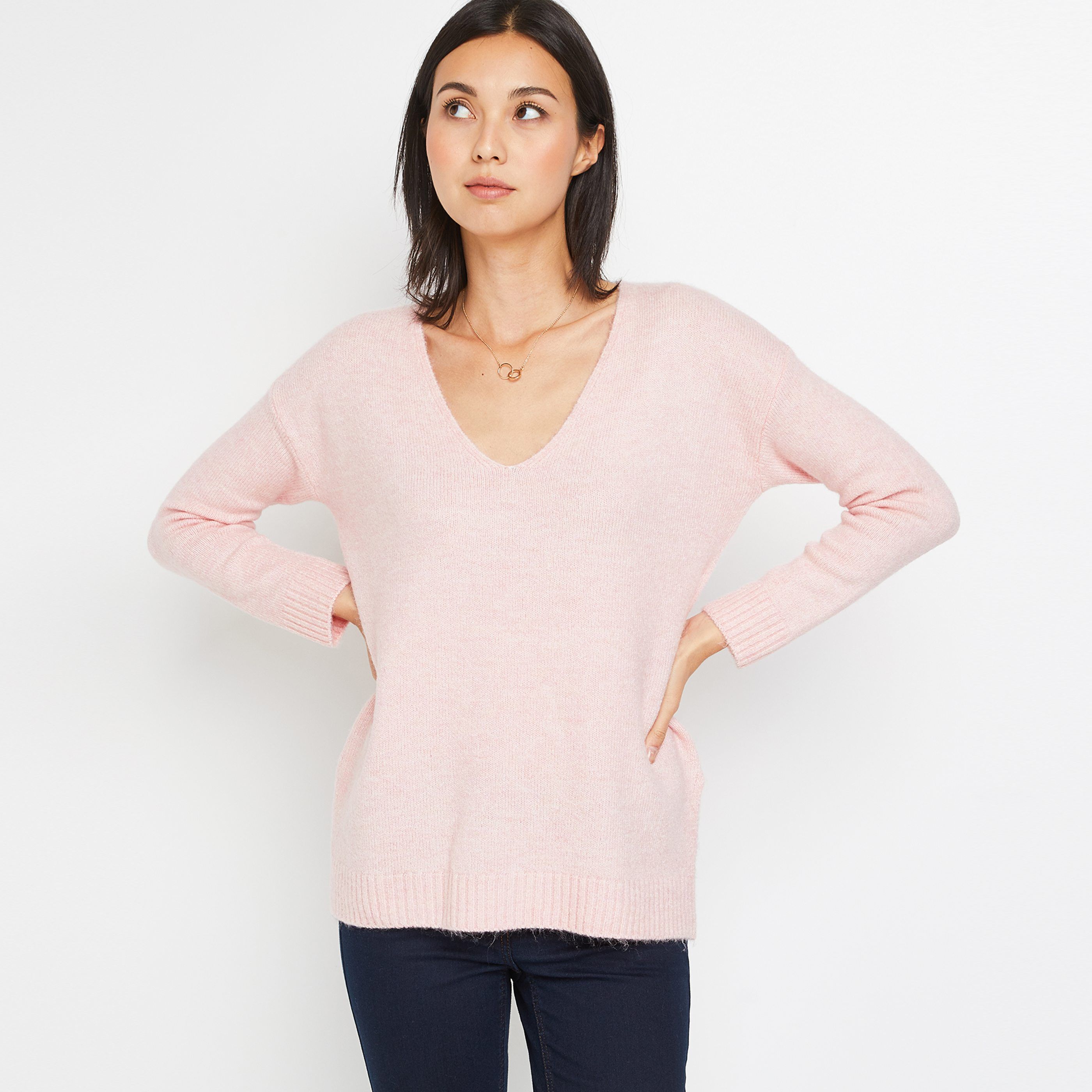 Pull long col V femme - ROSE