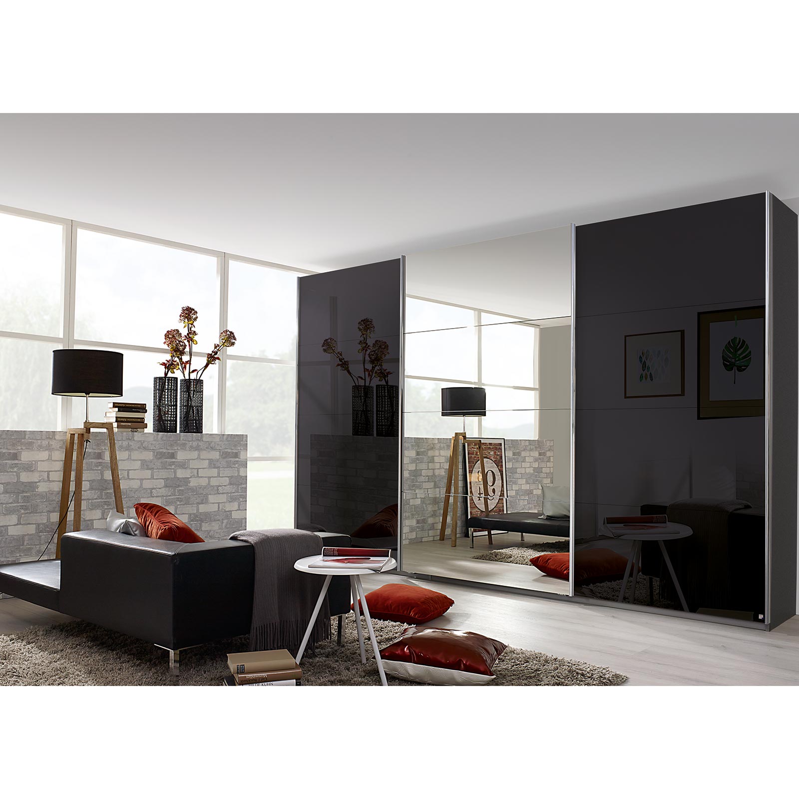 Schwebetürenschrank - basalt - grau metallic - mit Spiegel - 2 Glastüren - 360x229 cm