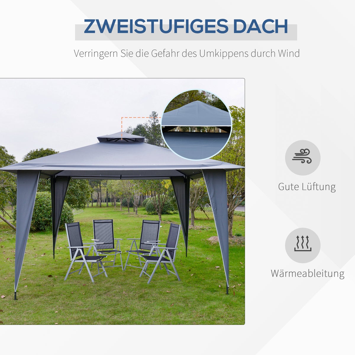 Outsunny Pavilion, feesttent met dubbel dak, 3,45 x 3,45 x 2,68 m, metaal, polyester, grijs