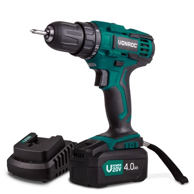 VONROC Bore-/skruemaskine 20V – 40Nm | 2 Gear & 21 Momentindstillinger | Inkl. 4.0Ah akku og oplader