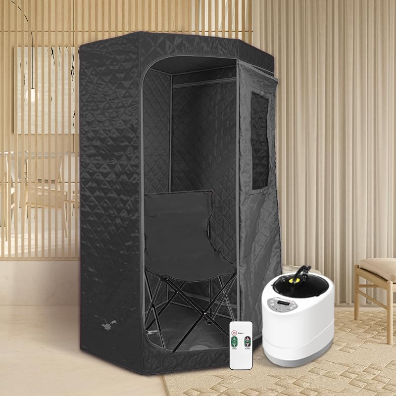Tragbare Dampfsauna 90x90x190 cm mit Campingstuhl, Digitaler Fernbedienung, Wärmekabine, Schwarz – Ihr Wellness-Moment jederzeit und überall, tragbar