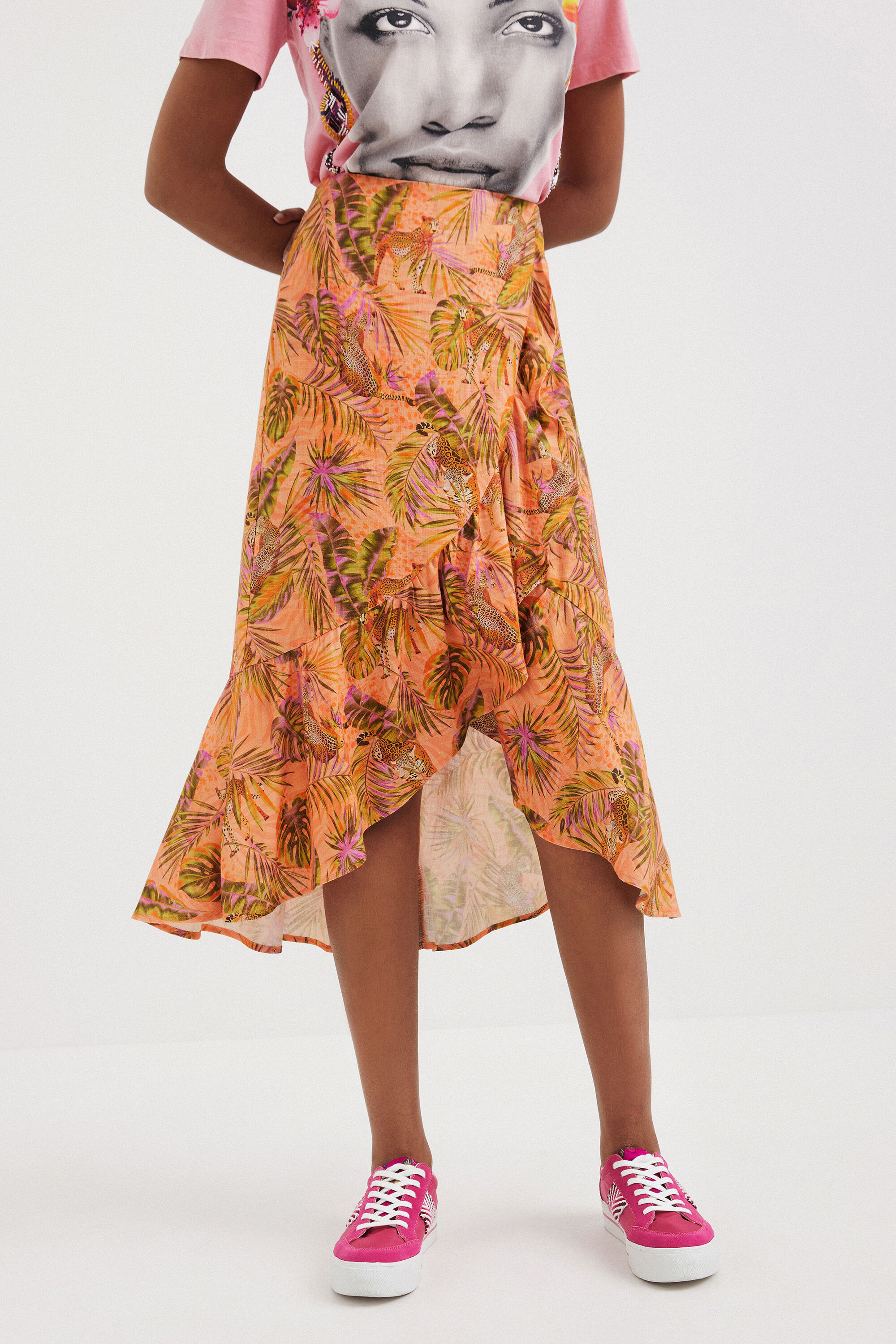 Jupe midi tropicale à volants