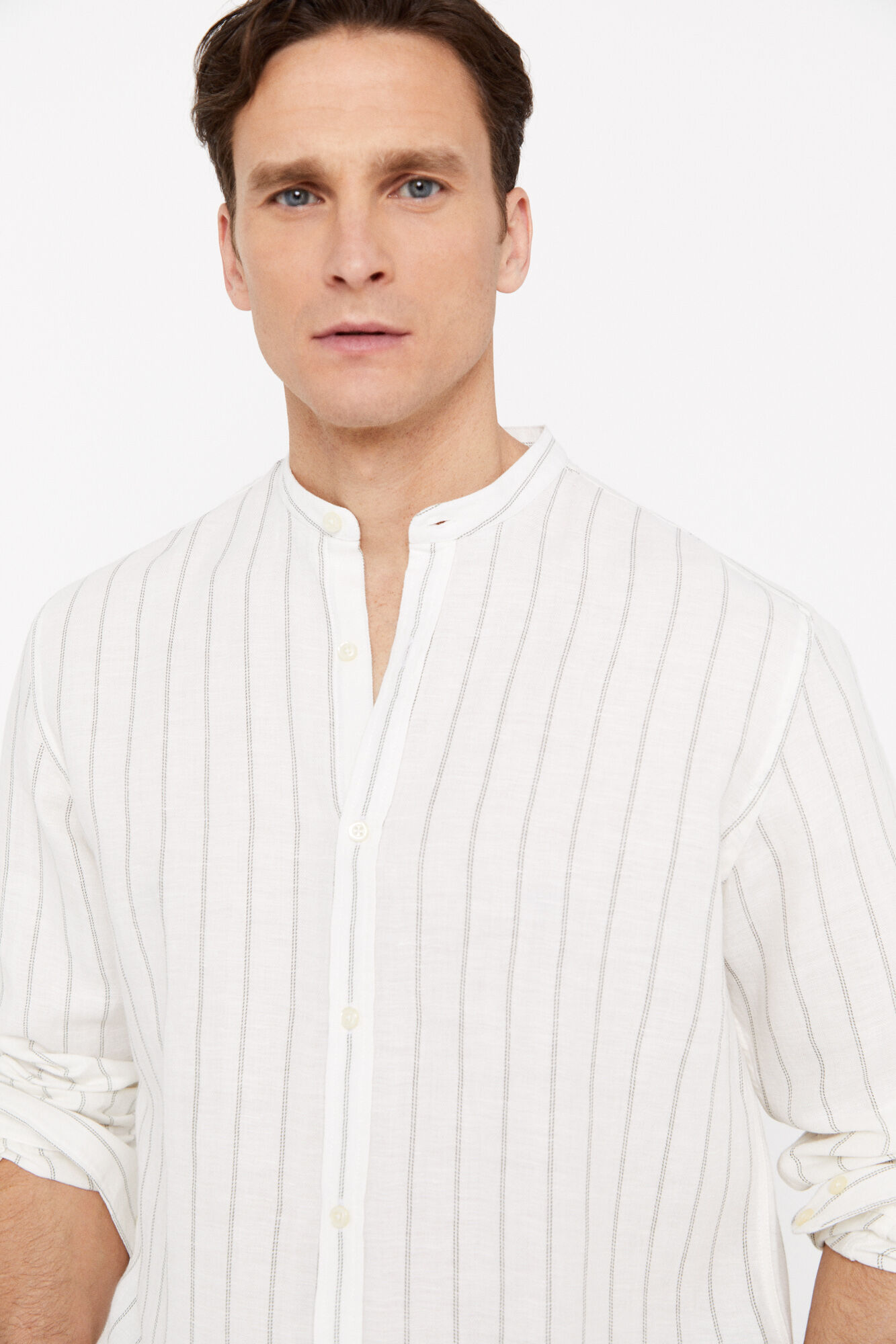 Camiseta listrada de linho e algodão - Cáqui
