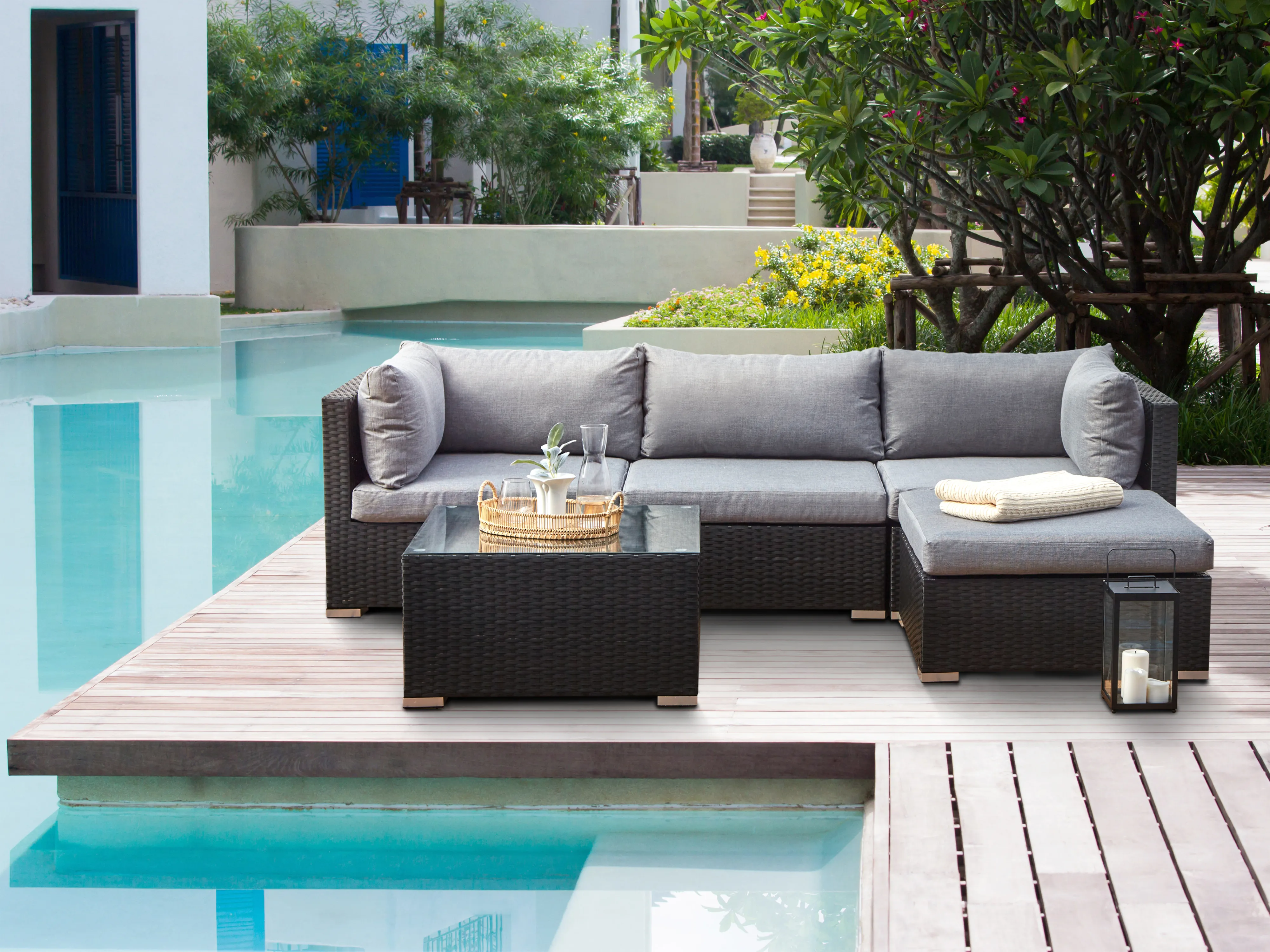 Tuin hoekloungeset met tafel 4-zits SANO linkszijdig PE rotan Zwart