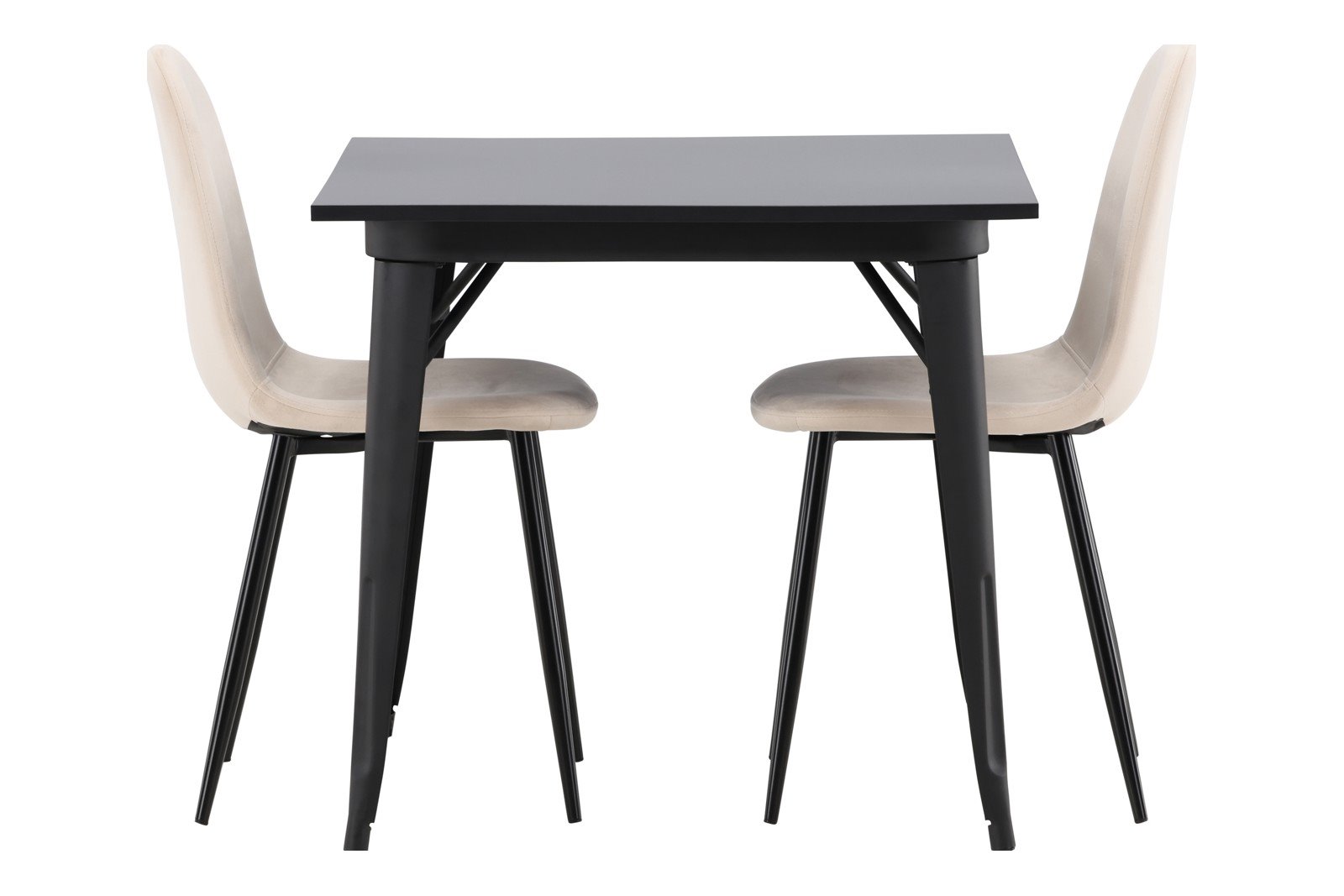 Tempe og Polar Spisegruppe Tempe spisebord 80x80cm i sort med 2 stk. Polar spisestoler i Beige fløyel og sorte ben.
