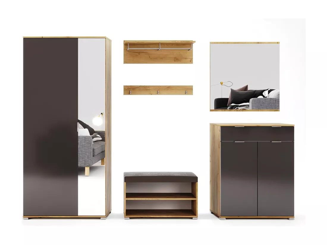 Ensemble d'entrée vestiaire avec miroir, commode, armoire et banc chaussures LUNE chêne-lave 2,2 m