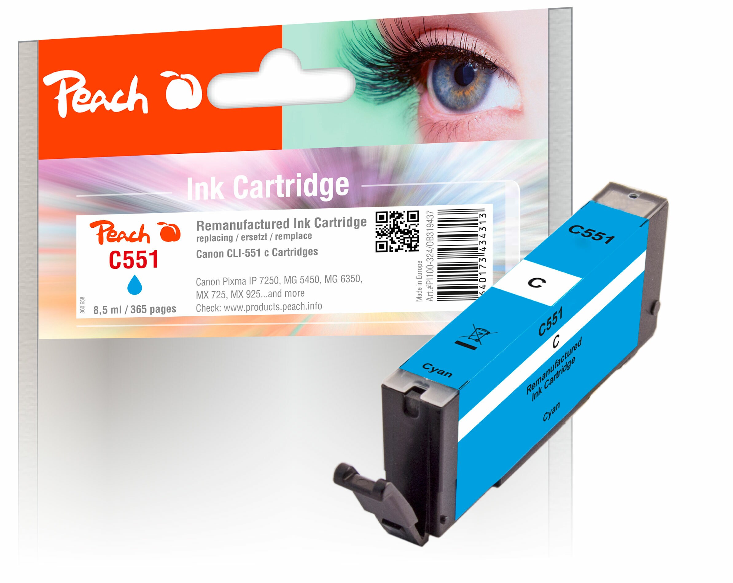 Peach C551 C Druckerpatrone cy ersetzt Canon CLI-551C, 6509B001 für z.B. Canon Pixma IP 8750, Canon Pixma MX 925, Canon Pixma IX 6850 (wiederaufbereitet)