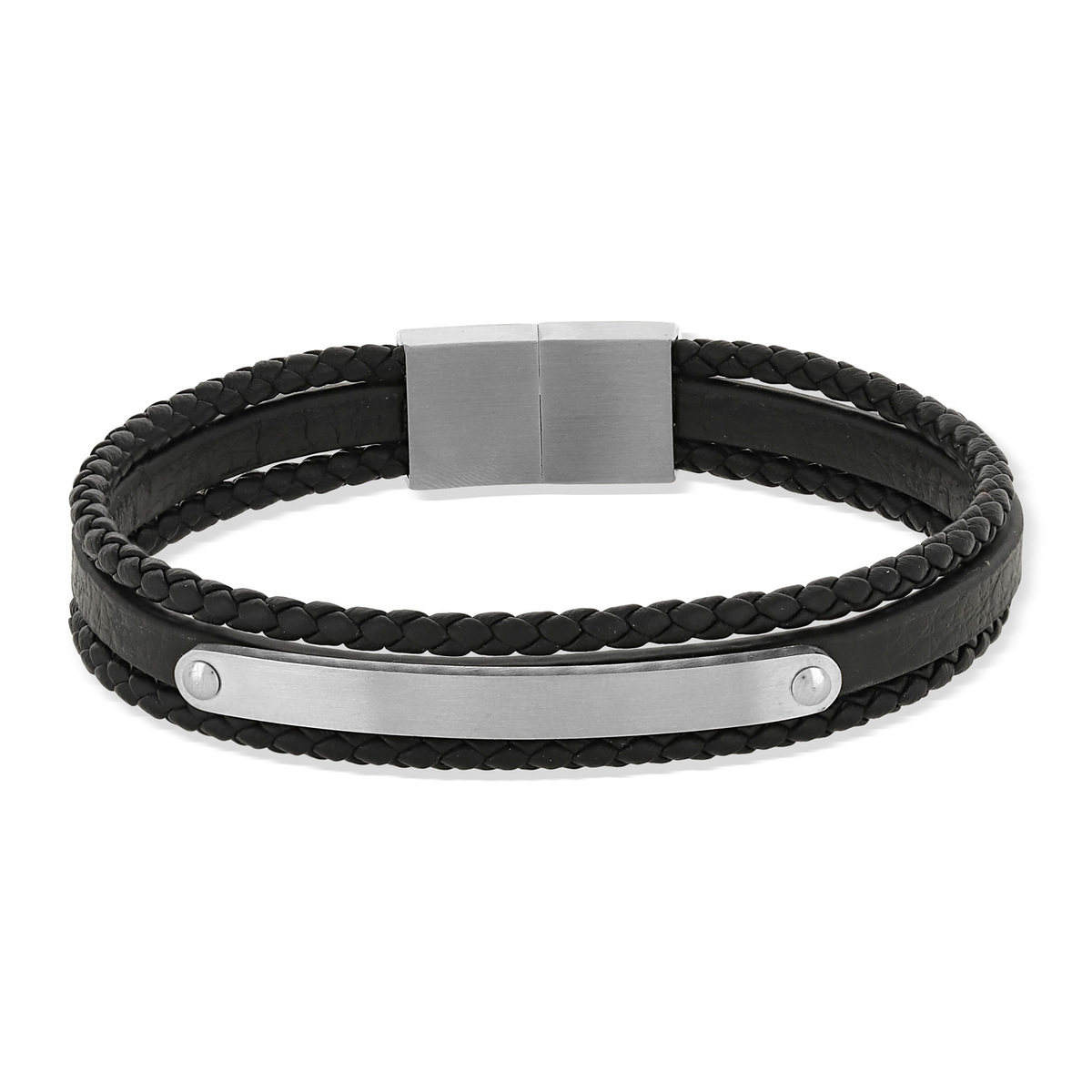 Bracelet cuir véritable acier multirangs noir