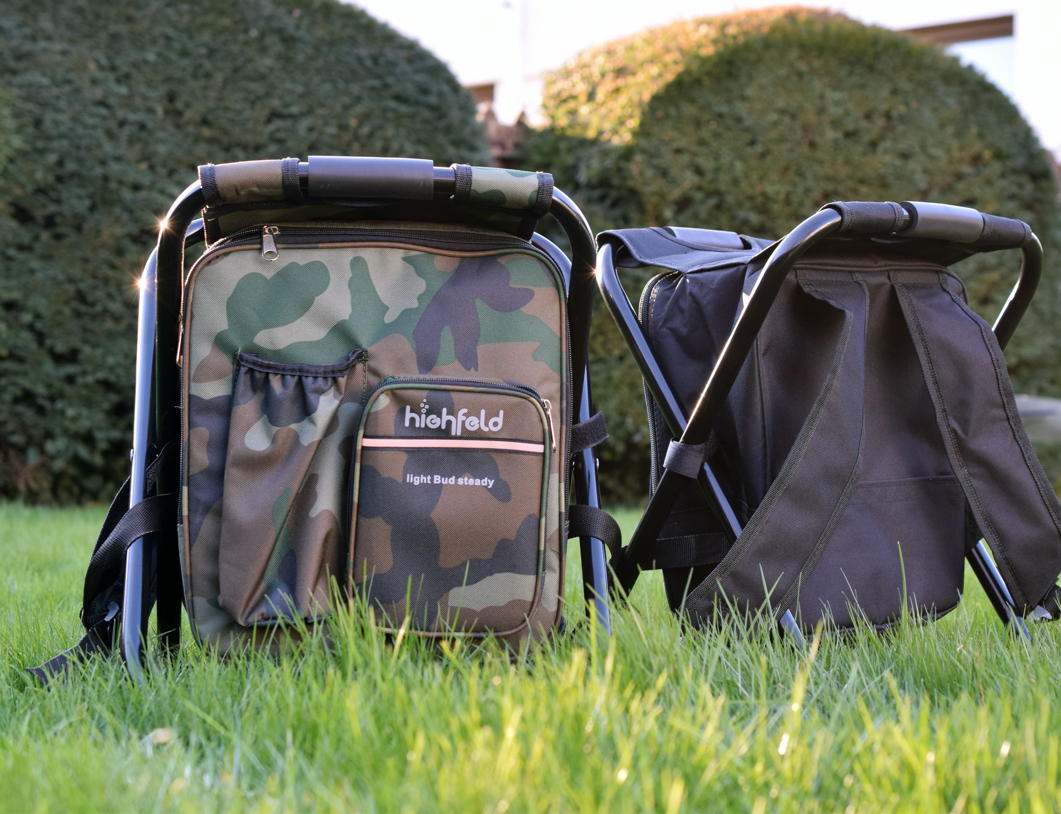 highfeld® Sitzrucksack Ansitzrucksack mit Hocker camouflage Campinghocker Angelhocker Falthocker
