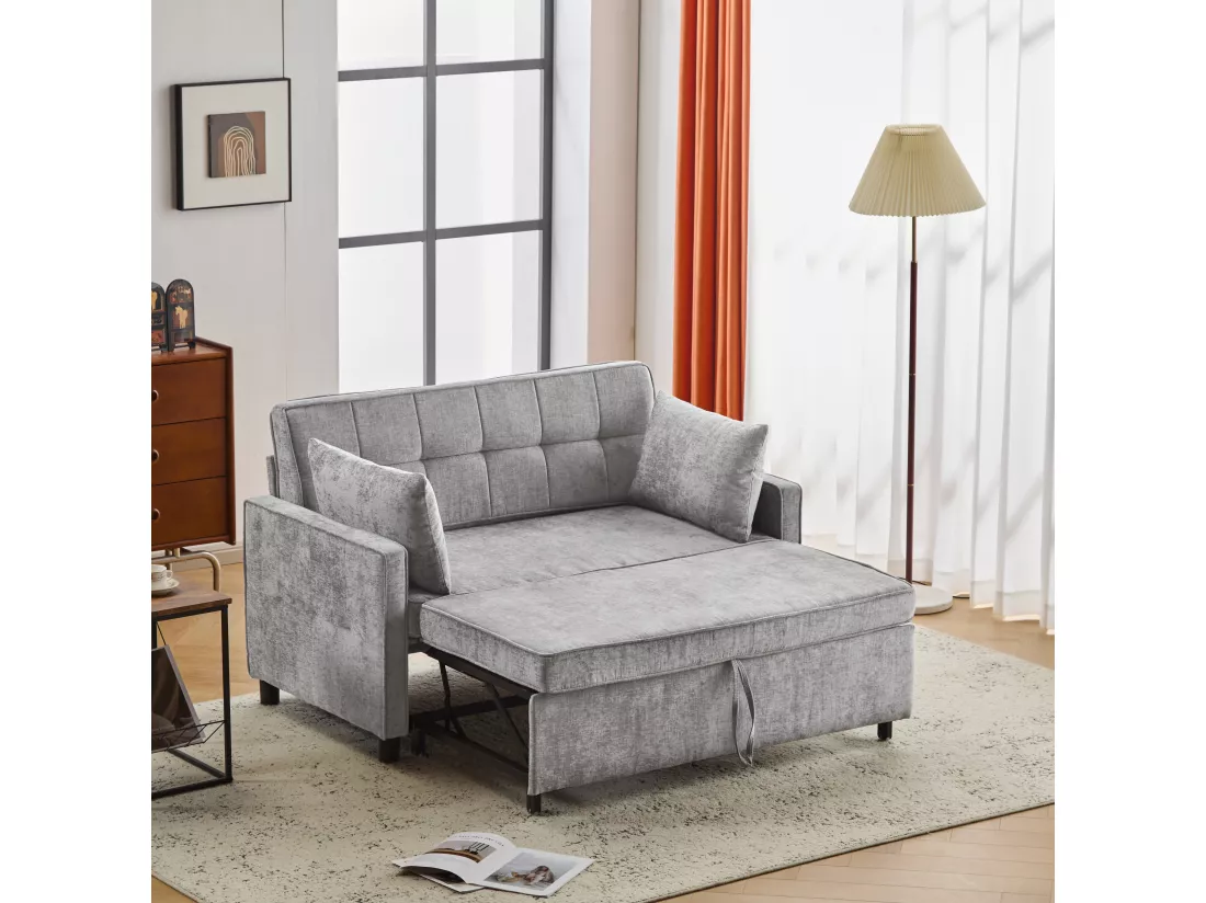 Canapé convertible 2 places, Canapé-lit pliant en tissu chenille - 142 x 79/174 x 85 cm - avec fonction sommeil et dossier réglable - Gris