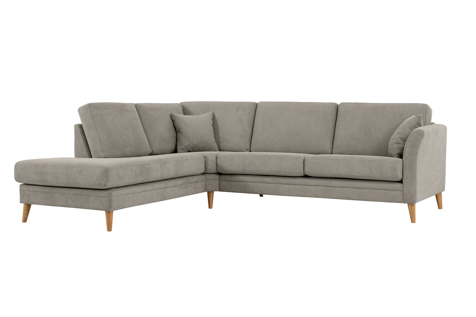 Eden hjørnesofa 2,5-seter med åpen ende venstre. Tekstil Brooklyn 14 Latte med ben i eik natur (15137).